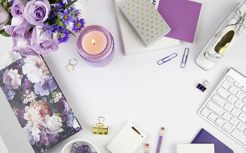 messy purple desk